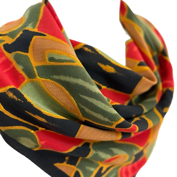 Vintage Abstract Silk Scarf – Red/Green/Gold Geometric Pattern - Hand Rolled - Picture 3 of 7